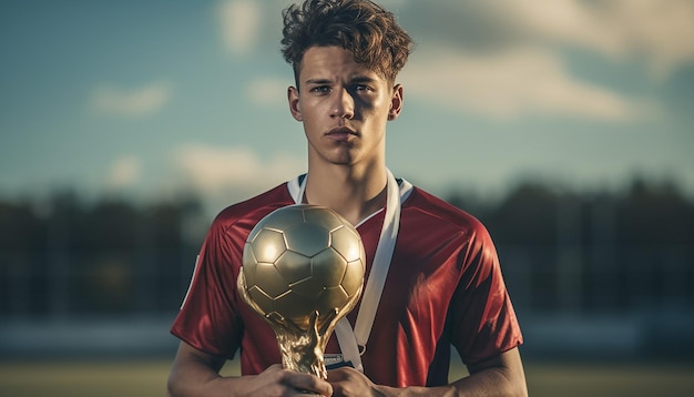 Jogador de futebol segurando troféu na plataforma