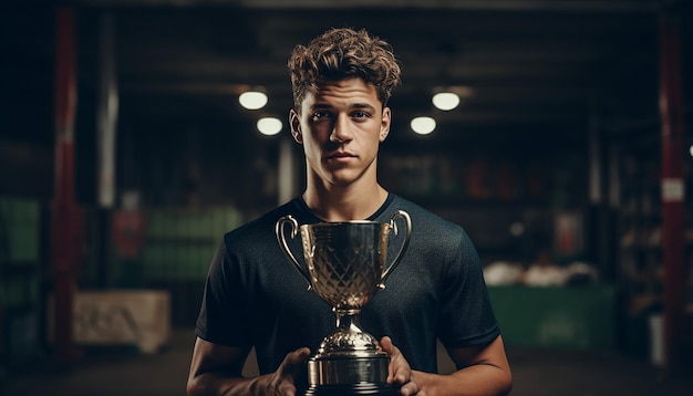 Jogador de futebol segurando troféu na plataforma