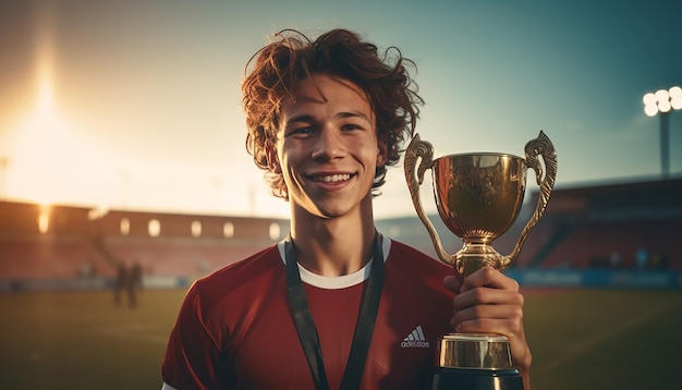 Jogador de futebol segurando troféu na plataforma