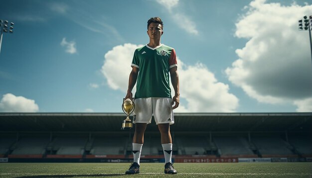 Foto jogador de futebol segurando troféu na plataforma