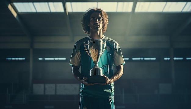 Foto jogador de futebol segurando troféu na plataforma