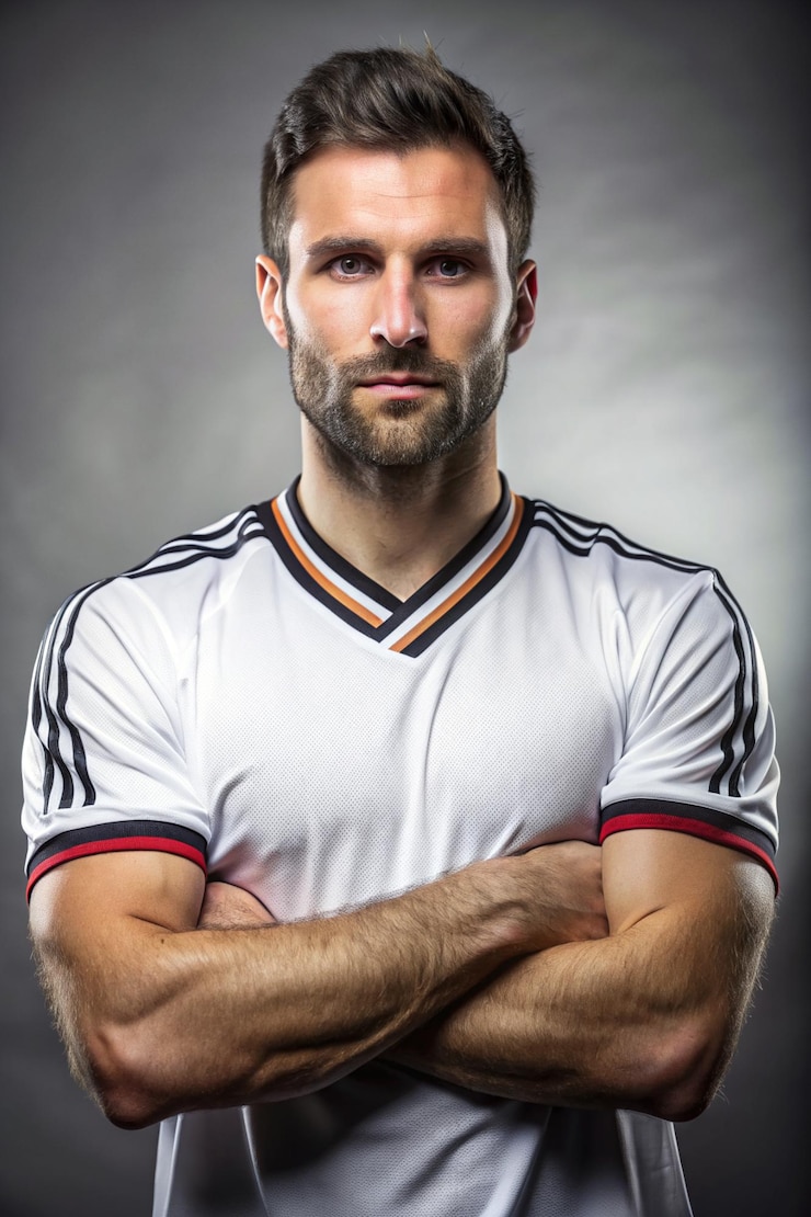 Foto jogador de futebol sério com os braços cruzados no peito em uniforme esportivo da equipe nacional de futebal