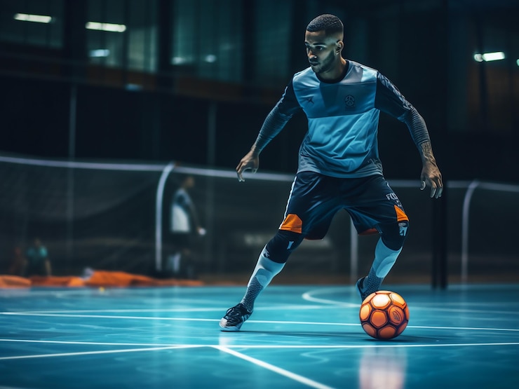Foto jogador de futsal atirando a bola em direção ao gol em um salão de esportes coberto