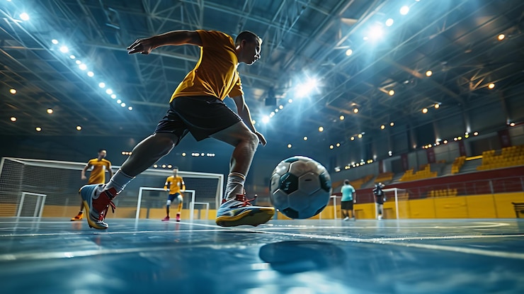 Foto jogador de futsal chutando a bola em um estádio coberto