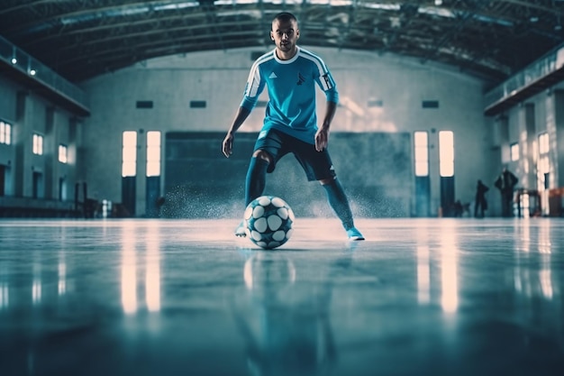 Jogador de futsal de futebol bola futsal piso Fundo esportivo Pavilhão esportivo de futebol de salão Liga de futsal juvenil Jogadores de futebol de salão e bola de futebol Generative ai