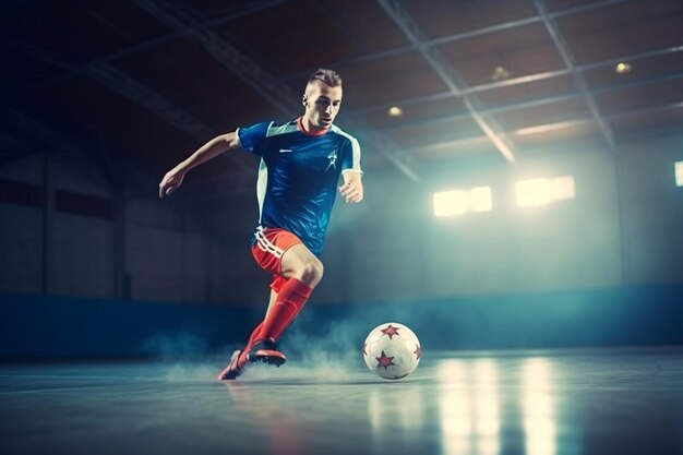 Foto jogador de futsal de futebol bola futsal piso fundo esportivo pavilhão esportivo de futebol de salão liga de futsal juvenil jogadores de futebol de salão e bola de futebol generative ai