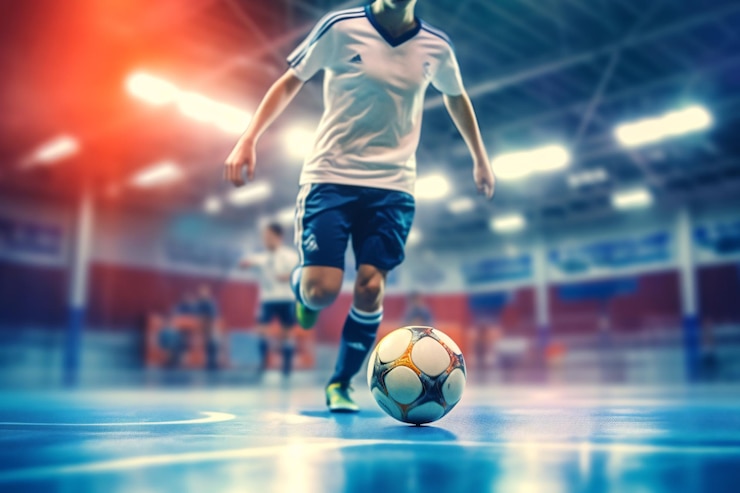 Foto jogador de futsal de futebol bola futsal piso fundo esportivo pavilhão esportivo de futebol de salão liga de futsal juvenil jogadores de futebol de salão e bola de futebol generative ai