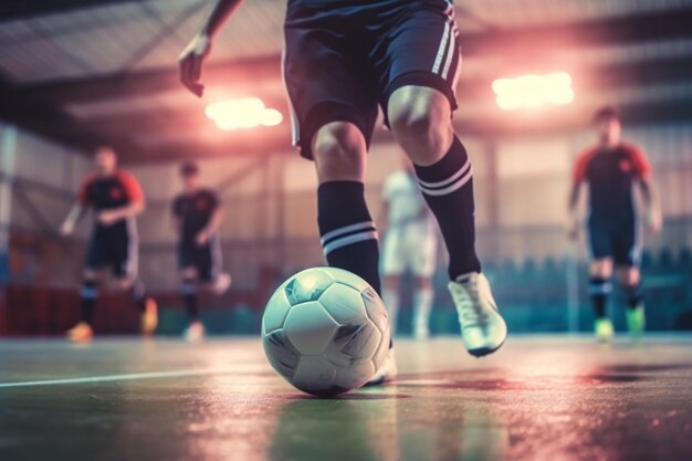 Foto jogador de futsal de futebol bola futsal piso fundo esportivo pavilhão esportivo de futebol de salão liga de futsal juvenil jogadores de futebol de salão e bola de futebol generative ai