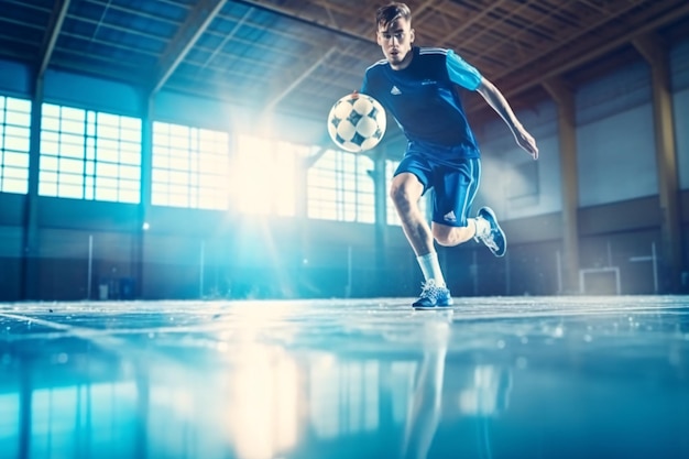 Foto jogador de futsal de futebol bola futsal piso fundo esportivo pavilhão esportivo de futebol de salão liga de futsal juvenil jogadores de futebol de salão e bola de futebol generative ai