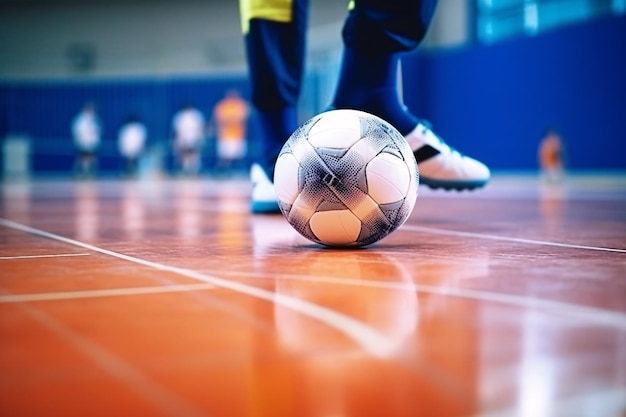 Foto jogador de futsal de futebol bola futsal piso fundo esportivo pavilhão esportivo de futebol de salão liga de futsal juvenil jogadores de futebol de salão e bola de futebol generative ai