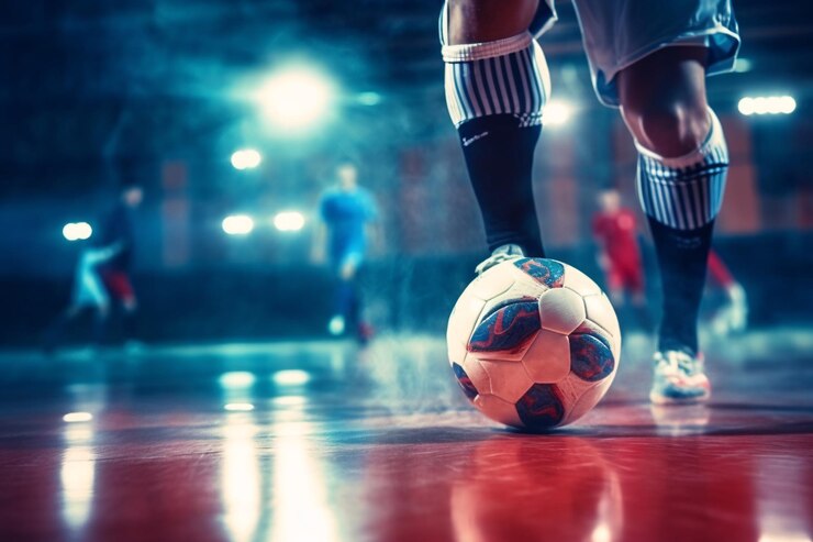 Jogador de futsal de futebol bola futsal piso Fundo esportivo Pavilhão esportivo de futebol de salão Liga de futsal juvenil Jogadores de futebol de salão e bola de futebol Generative ai