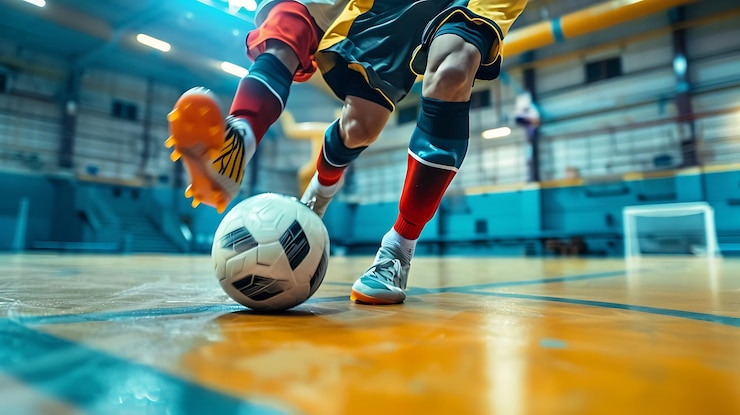Foto jogador de futsal em ação um tiro dinâmico no gol