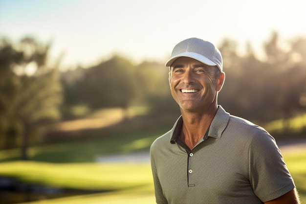 Jogador de golfe ao pôr do sol ao anoitecer no campo de golfe verde no fundo desfocado e bokeh