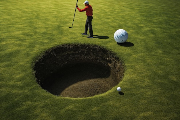Foto jogador de golfe colocando a bola de golfe no buraco