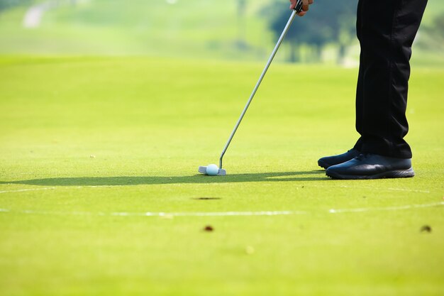 Jogador de golfe colocando bola de golfe no campo de golfe