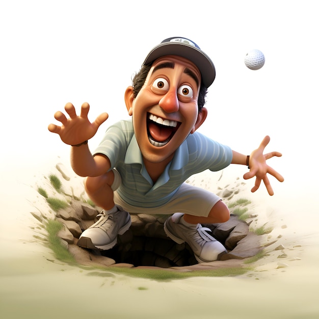 Jogador de golfe saindo do buraco Ilustração renderizada em 3D.