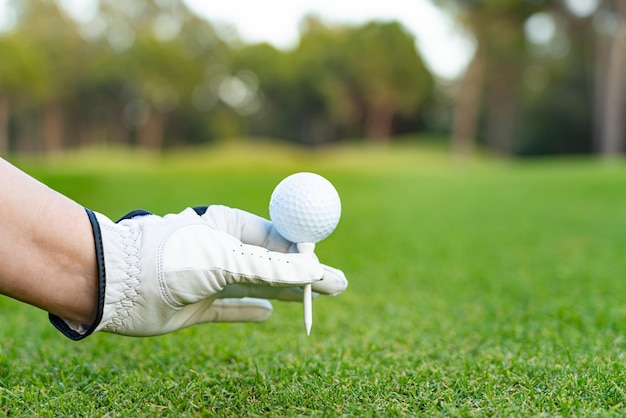 Jogador de golfe segurando uma bola de golfe com uma camiseta no campo de golfe