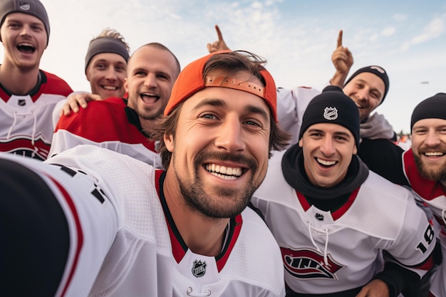Jogador de hóquei no gelo do grupo masculino tirando selfie gerada por IA