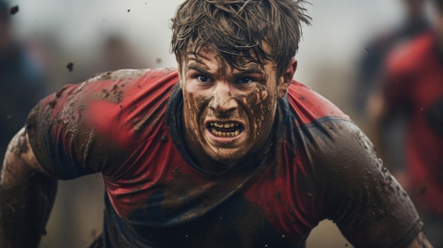 Jogador de rugby carregando em direção aos oponentes foco inabalável cores de campo vívidas