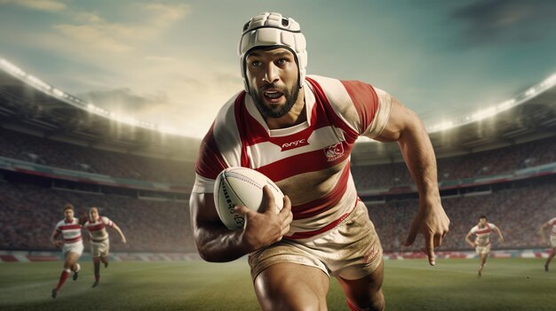 Jogador de rugby com a bola em ação no estádio