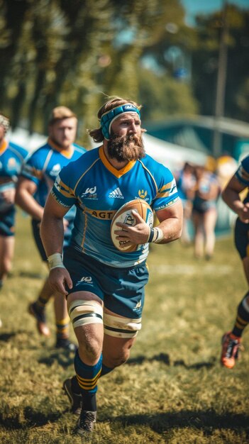 jogador de rugby em corrida segurando uma bola de rugby em um estádio de rugby num campo de rugby