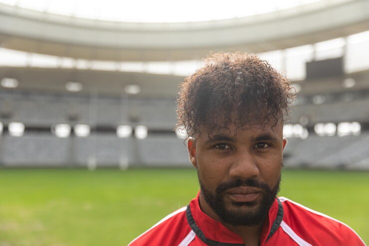 Foto jogador de rugby olhando para a câmera no estádio
