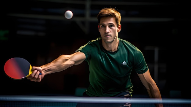 Jogador de tênis de mesa servindo a bola em uma partida competitiva