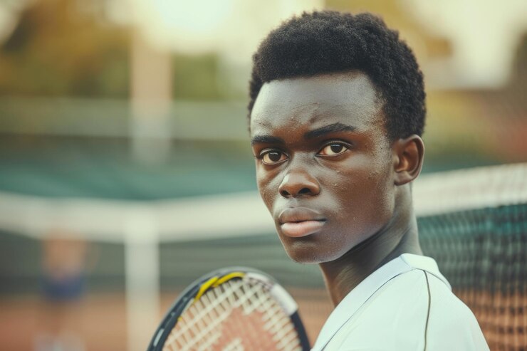 Foto jogador de tênis focado na quadra para temas de esportes e atletismo ai