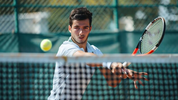 Foto jogador de tênis jovem de roupa esportiva branca batendo um backhand