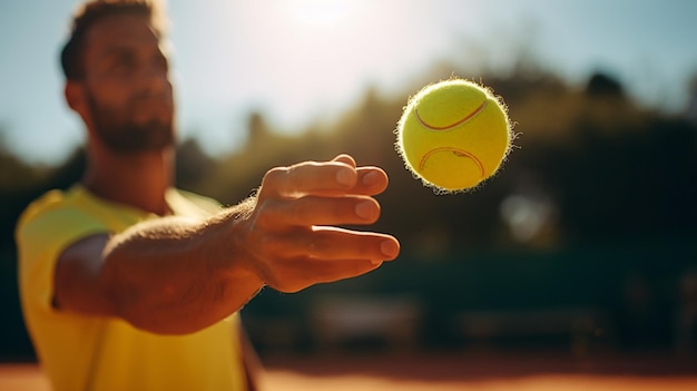 Foto jogador de tênis masculino pega uma bola de tênis