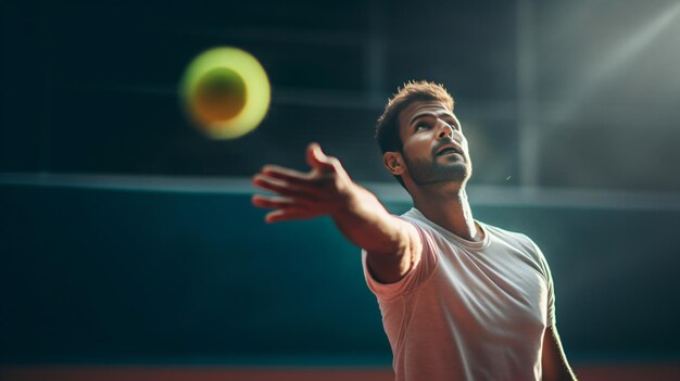 Jogador de tênis masculino pega uma bola de tênis