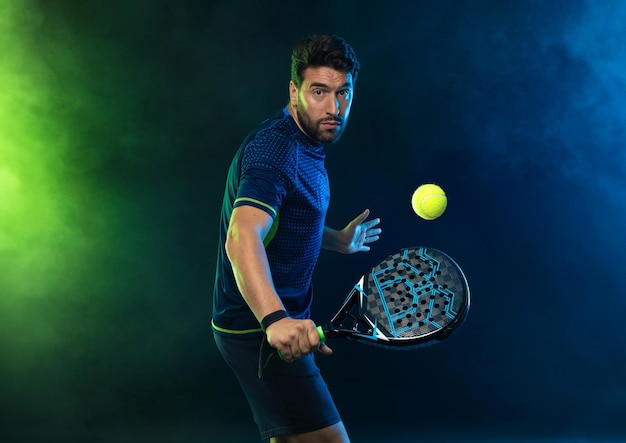 Jogador de tênis padel com raquete na mão paddle tenis em um conceito de esporte de fundo azul baixar um