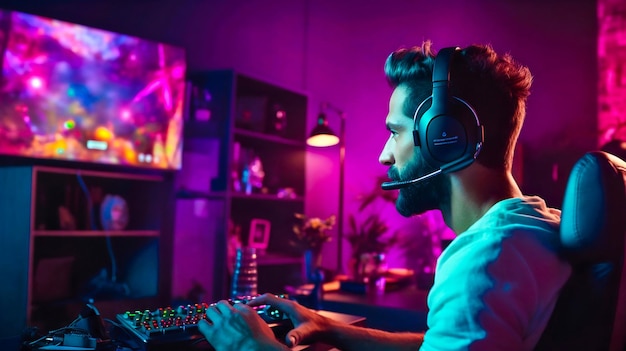Jogador em ação Um homem com fones de ouvido e um microfone jogando jogos on-line em uma sala de jogos