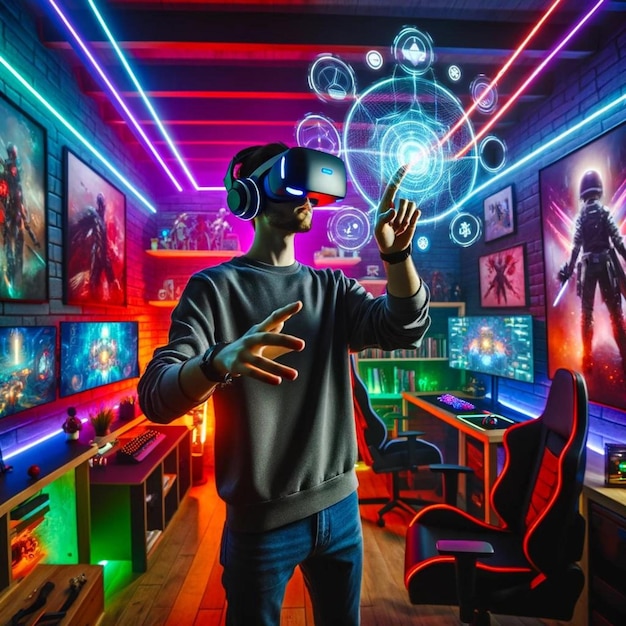 Jogador envolvido em experiência de realidade virtual imersiva na sala de jogos NeonLit