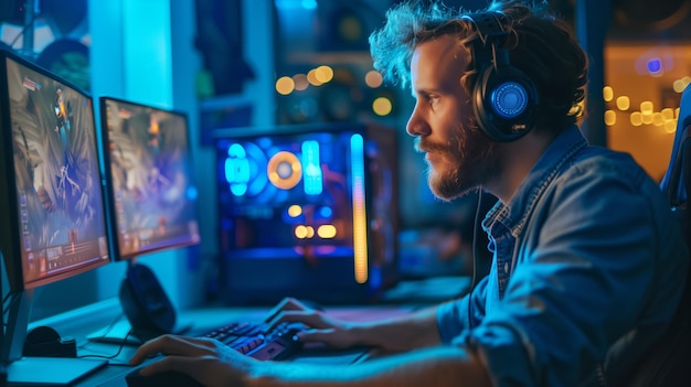 Jogador focado em uma sala iluminada com um PC de jogos avançado