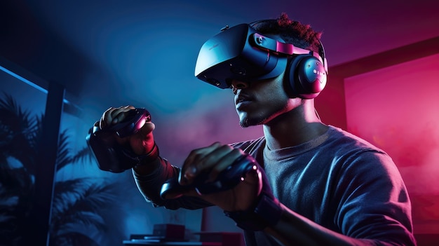 Jogador interagindo com um headset VR em uma sala de estar Generative AI