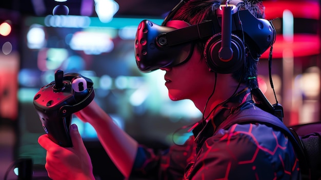 Foto jogador jogando jogo de realidade virtual usando fone de ouvido vr e controladores o jogador está imerso no mundo do jogo e se divertindo muito