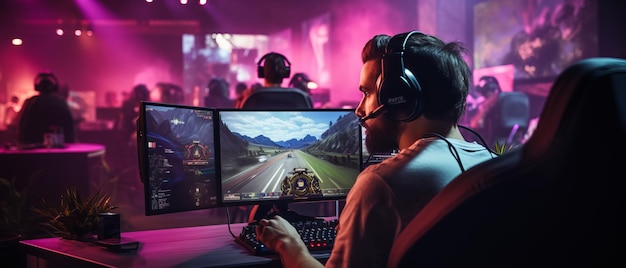 Jogador jogando online com um controlador de jogo de corrida em uma configuração de esportes eletrônicos