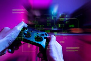 Jogador jogando por joystick com computador, desafio de jogos e e-sports, streaming online, conceito de torneio