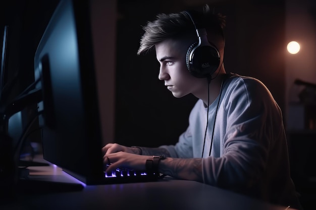 Jogador mais jovem jogando um videogame on-line em um estúdio