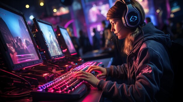 jogador masculino jogando no computador em luz de néon