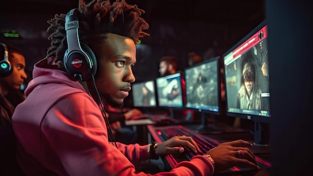jogador masculino negro competindo online com amigos por trás de um conceito de videogames de monitor de computador
