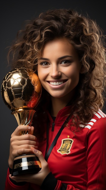 Jogadora de futebol espanhola com troféu da copa do mundo