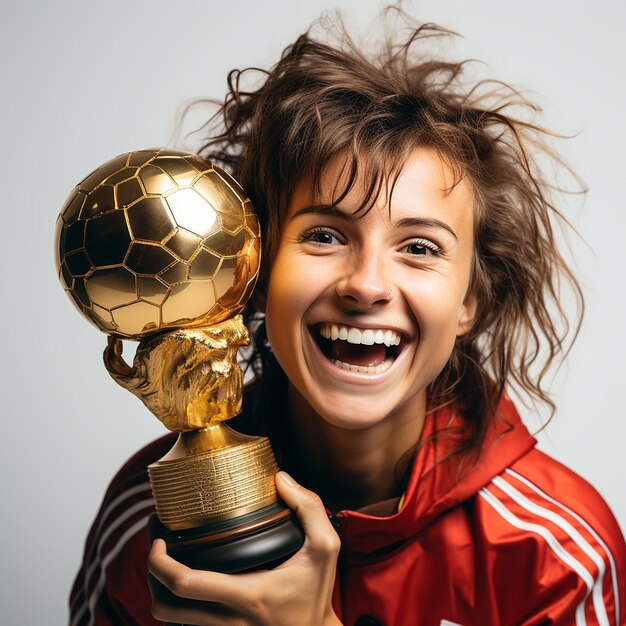 Foto jogadora de futebol espanhola com troféu da copa do mundo