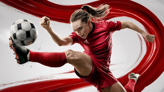 Jogadora de futebol feminina chutando a bola em treino em ação e movimento isolado em backgr branco