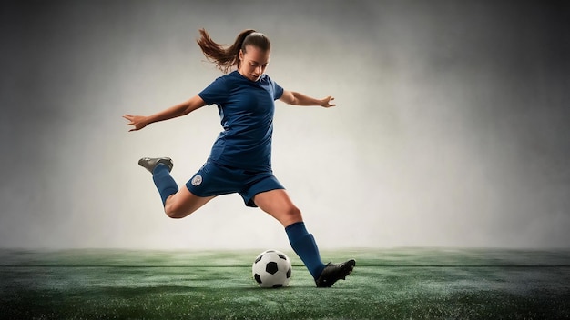 Jogadora de futebol feminina chutando a bola em treino em ação e movimento isolado em backgr branco