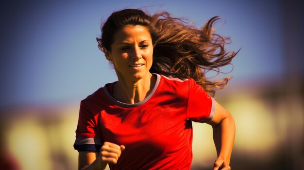 Jogadora de futebol feminina habilidosa correndo no campo jogando futebol