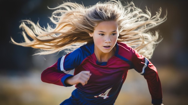 Jogadora de futebol feminina habilidosa correndo no campo jogando futebol