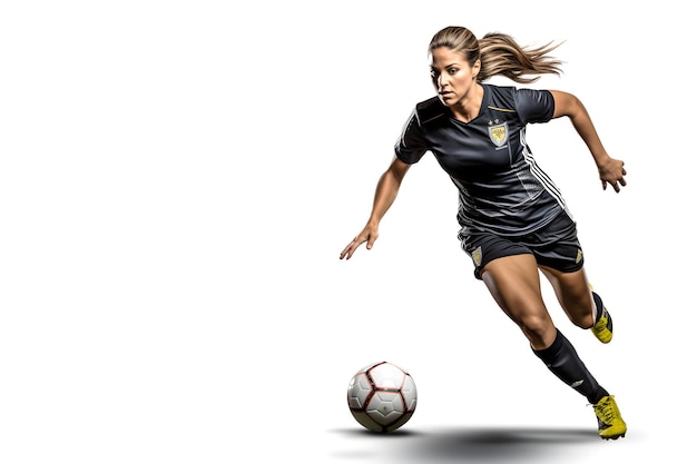 Jogadora de futebol feminina jogando futebol jogadora de futebol feminina em camisa driblando a bola isolada