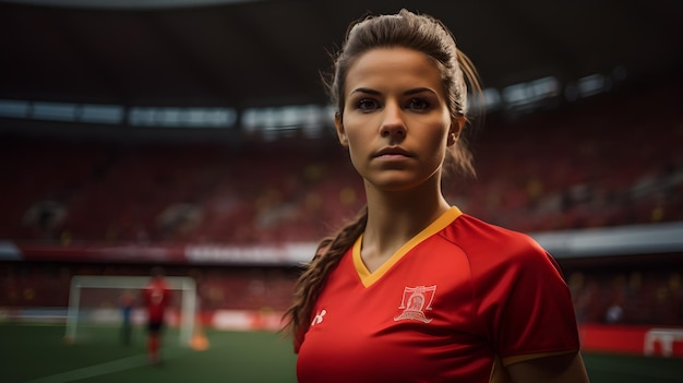 Jogadora de futebol feminino no estádio mostrando confiança nos olhos